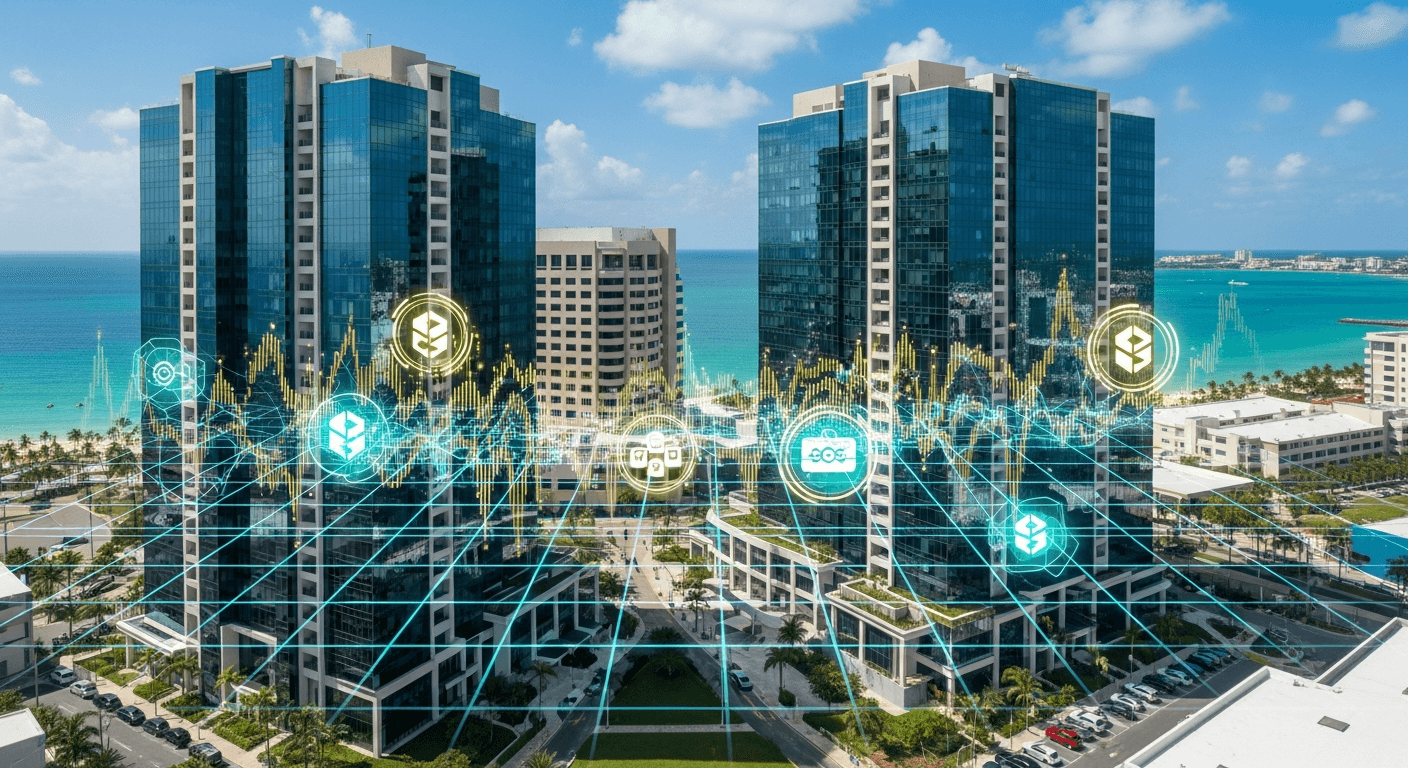 Cayman Islands fintech hub and special economic zone skyline with modern technology infrastructure