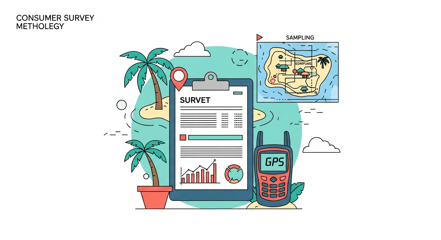 Consumer survey fieldwork in a small Caribbean island market showing interviewer and respondent