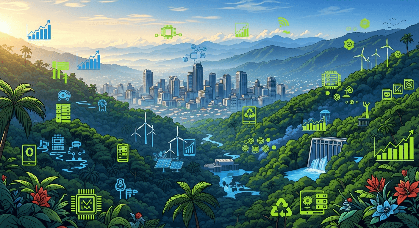 Vista del Valle Central de Costa Rica con San Jose y vegetacion tropical, para estudio de mercado costarricense