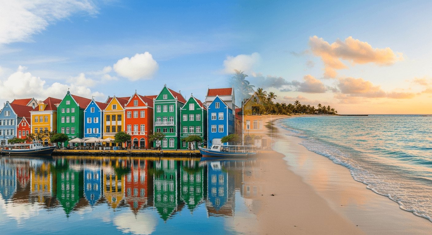 Dutch Caribbean islands including Curacao Willemstad colourful waterfront and Aruba beach for market research overview