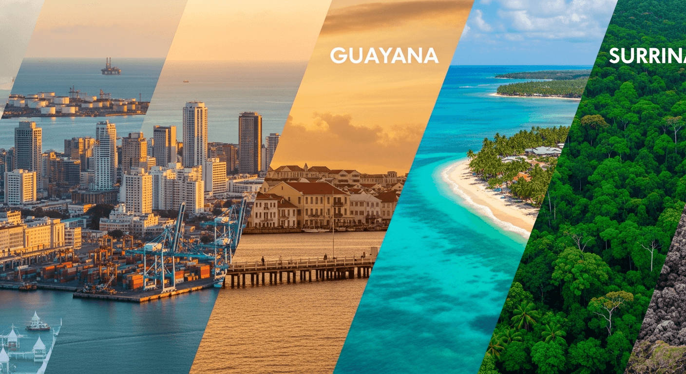 South Caribbean market research overview including Trinidad Port of Spain skyline and Barbados coastal landscape