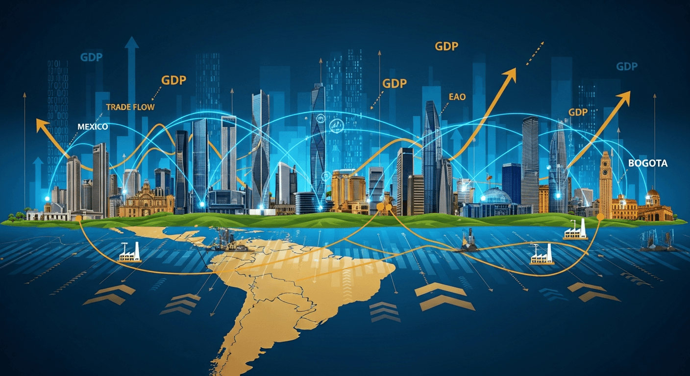 Mapa y datos de America Latina con skylines de ciudad de Mexico, Bogota y Sao Paulo para analisis de mercado regional