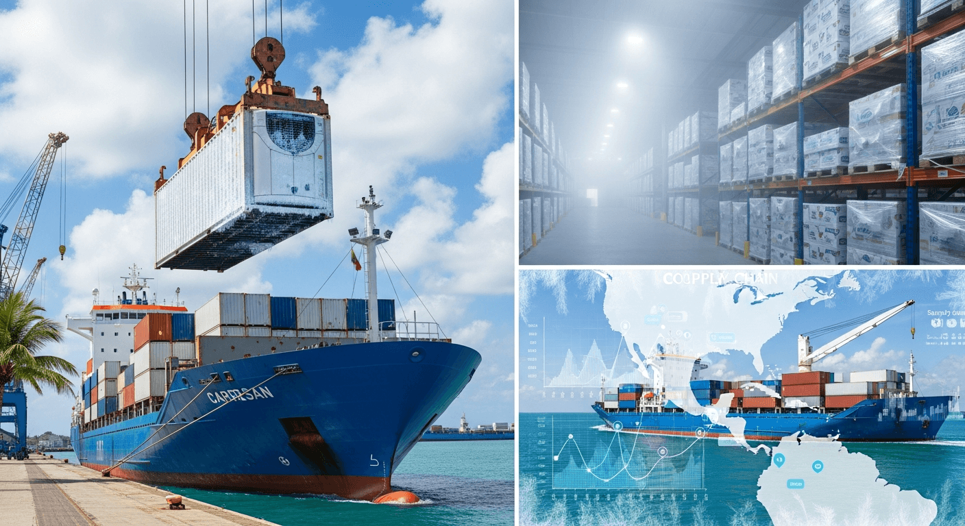 Refrigerated containers and cold storage warehouse at a Caribbean port facility