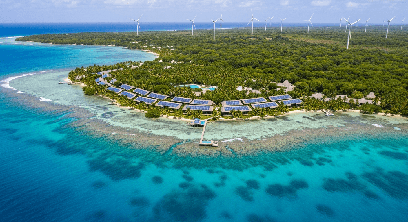 Caribbean sustainable tourism with eco-lodge overlooking tropical coastline and coral reef