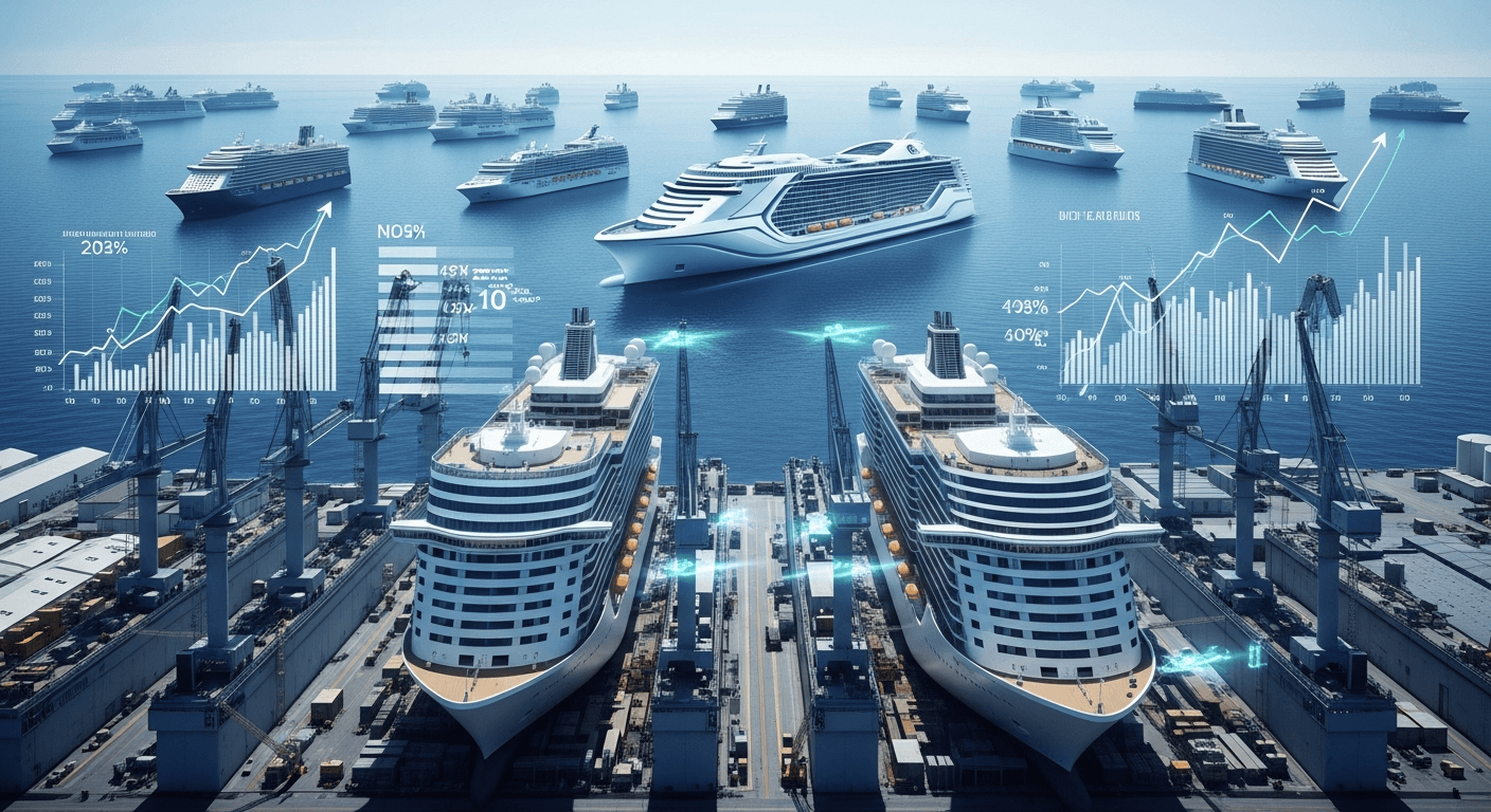 Modern cruise ship with LNG propulsion departing Caribbean port with growth projection overlay