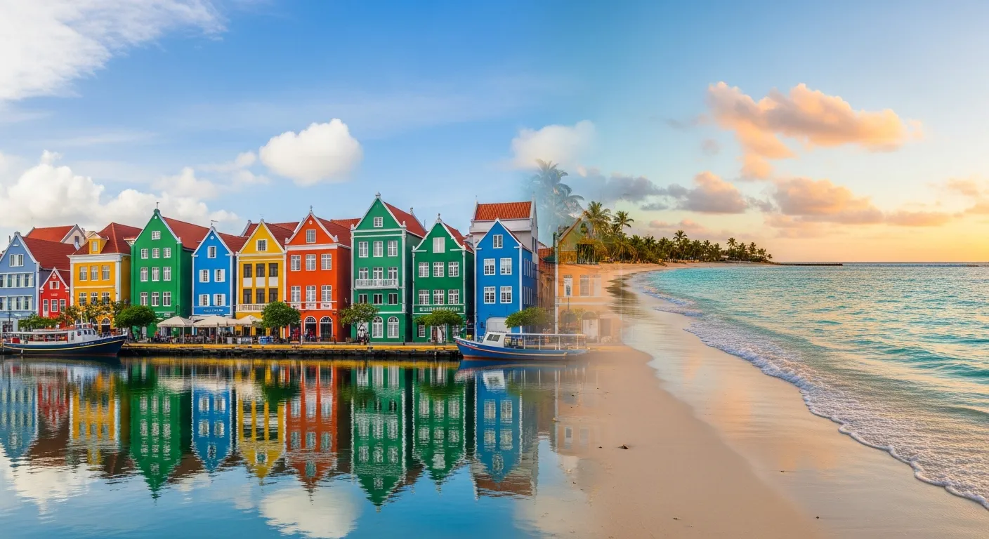 Dutch Caribbean islands including Curacao Willemstad colourful waterfront and Aruba beach for market research overview
