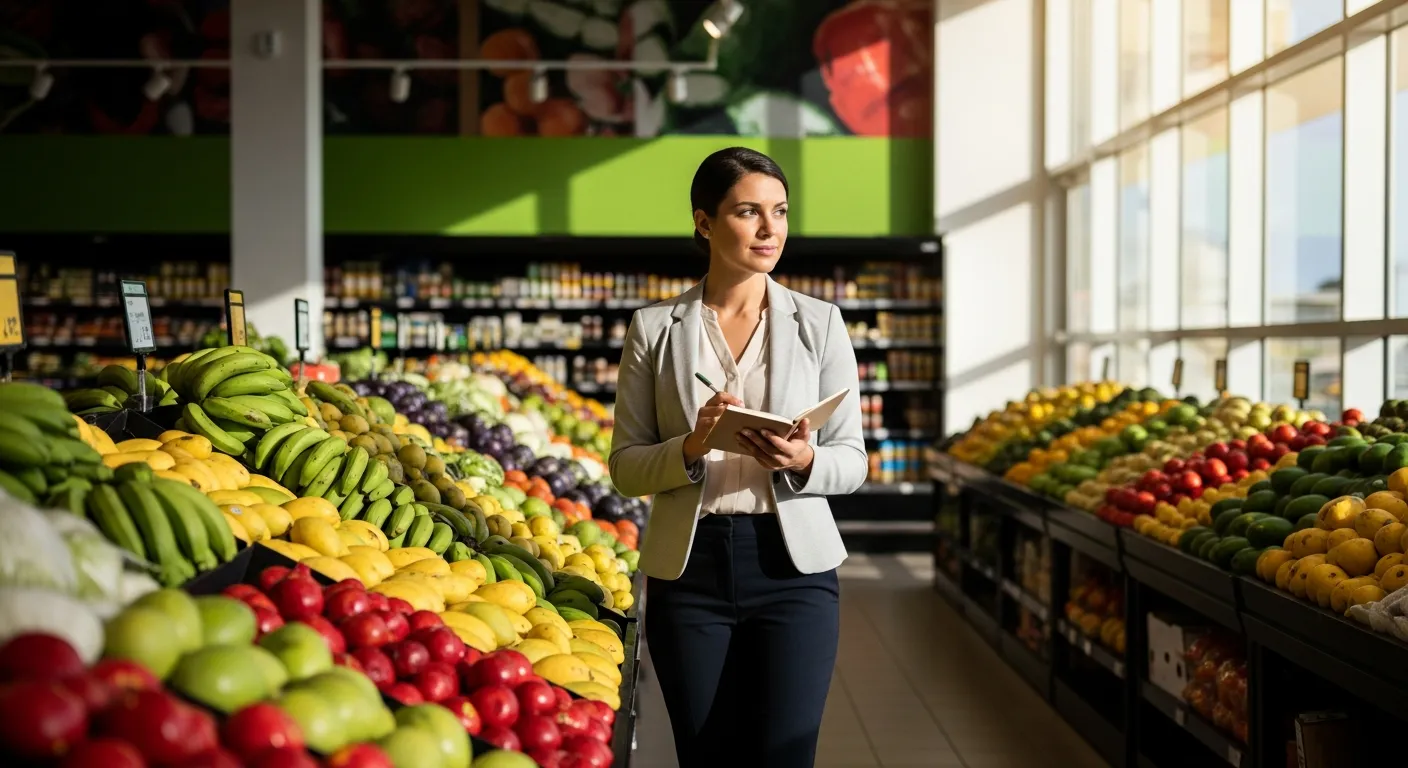 Professional mystery shopper evaluating service quality in a Jamaican supermarket