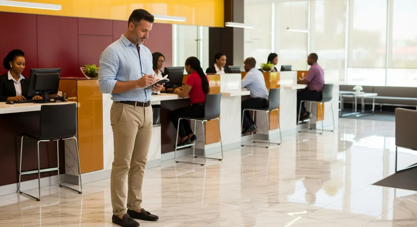 Professional mystery shopper evaluating service at a Trinidad bank branch